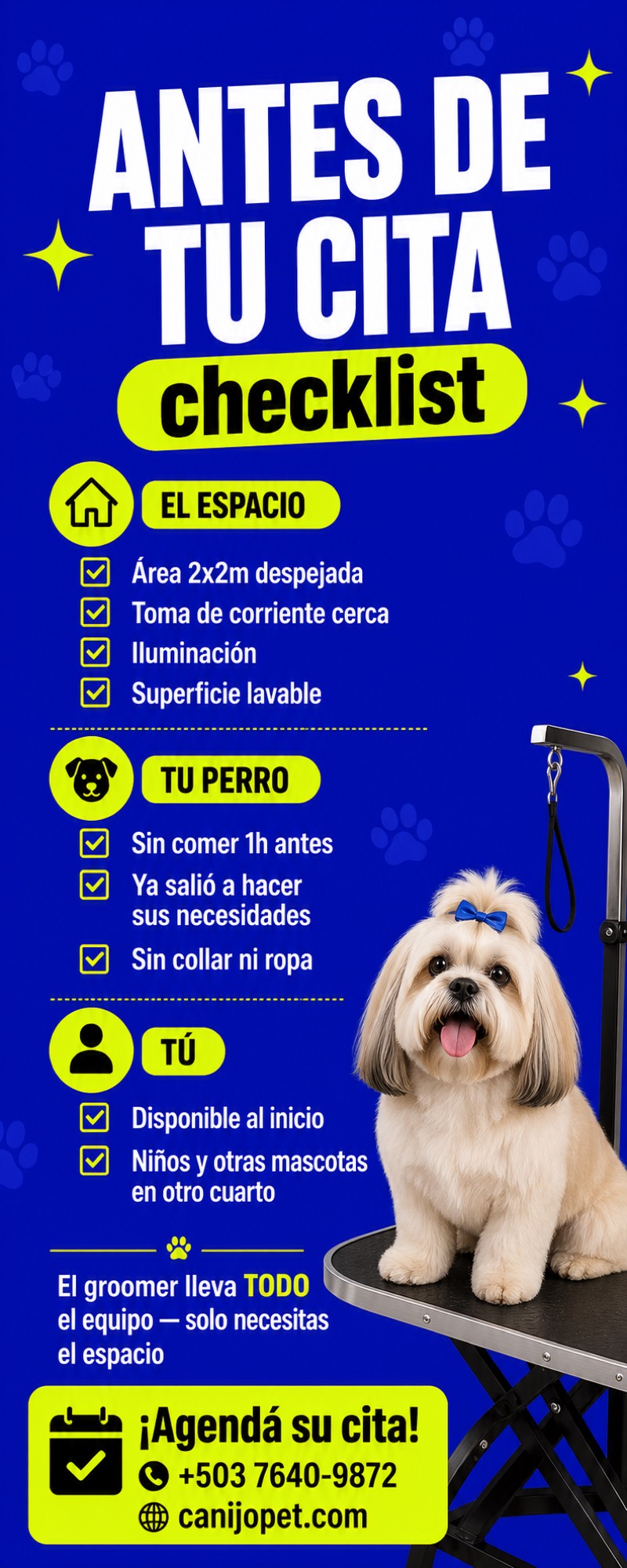 Checklist para preparar tu casa antes del grooming a domicilio en San Salvador