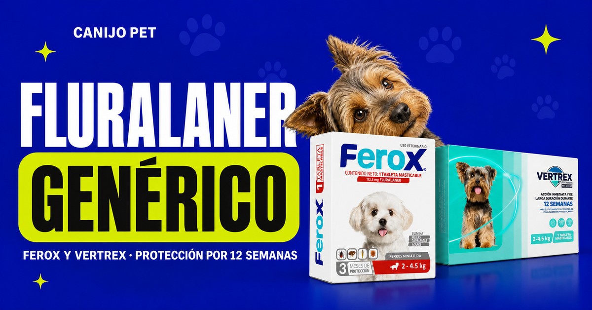 Empaques reales de los antipulgas de fluralaner Ferox y Vertrex