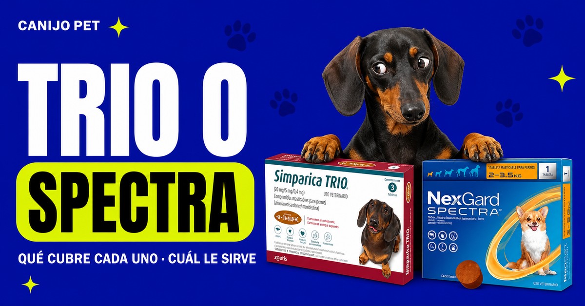 Empaques reales de los antiparasitarios Simparica Trio y NexGard Spectra