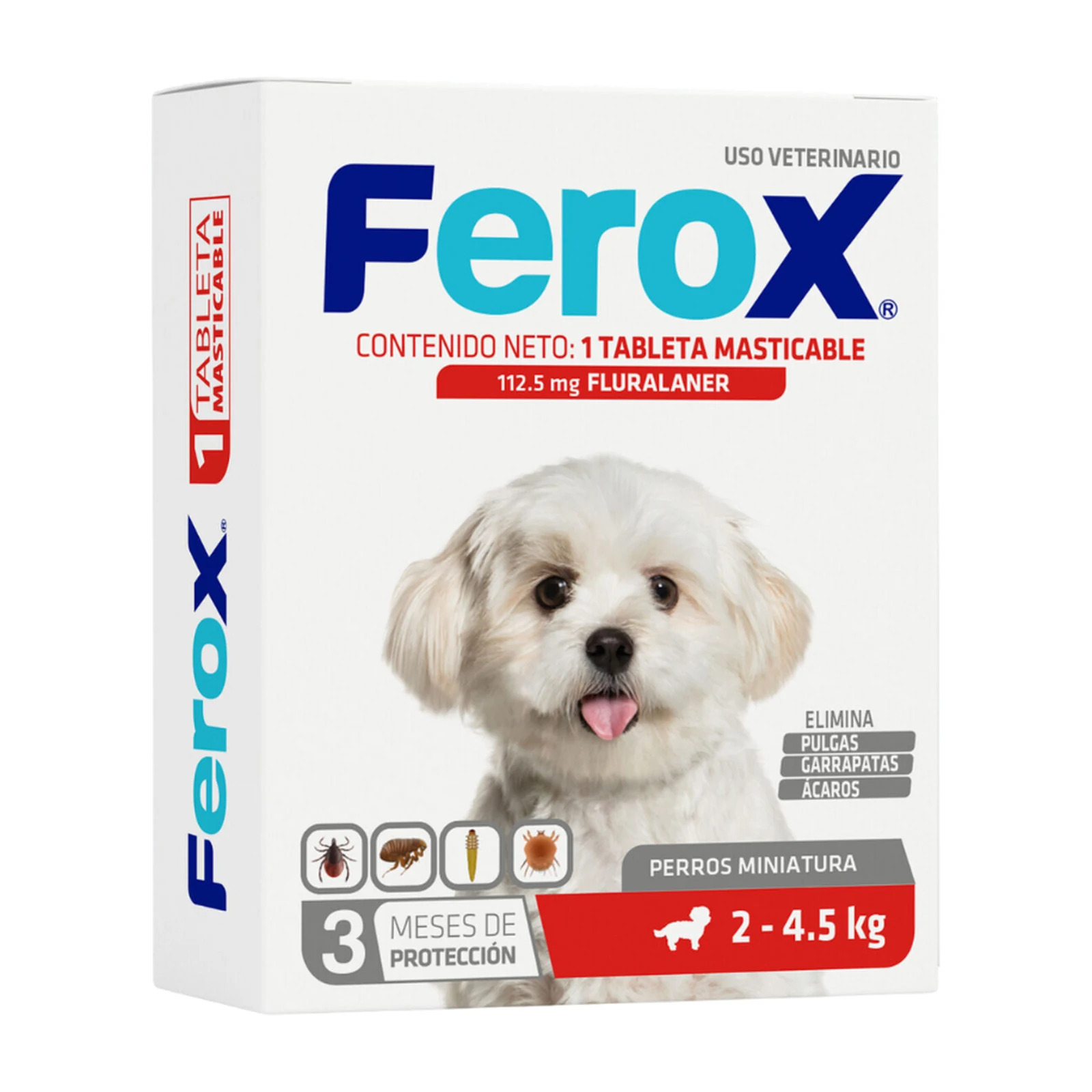 Ferox Fluralaner Masticable · 112,5 mg · perros miniatura de 2 a 4,5 kg Ferox Fluralaner Masticable 112,5 mg · perros miniatura de 2 a 4,5 kg — tableta masticable con fluralaner antipulgas, garrapatas y ácaros para perro