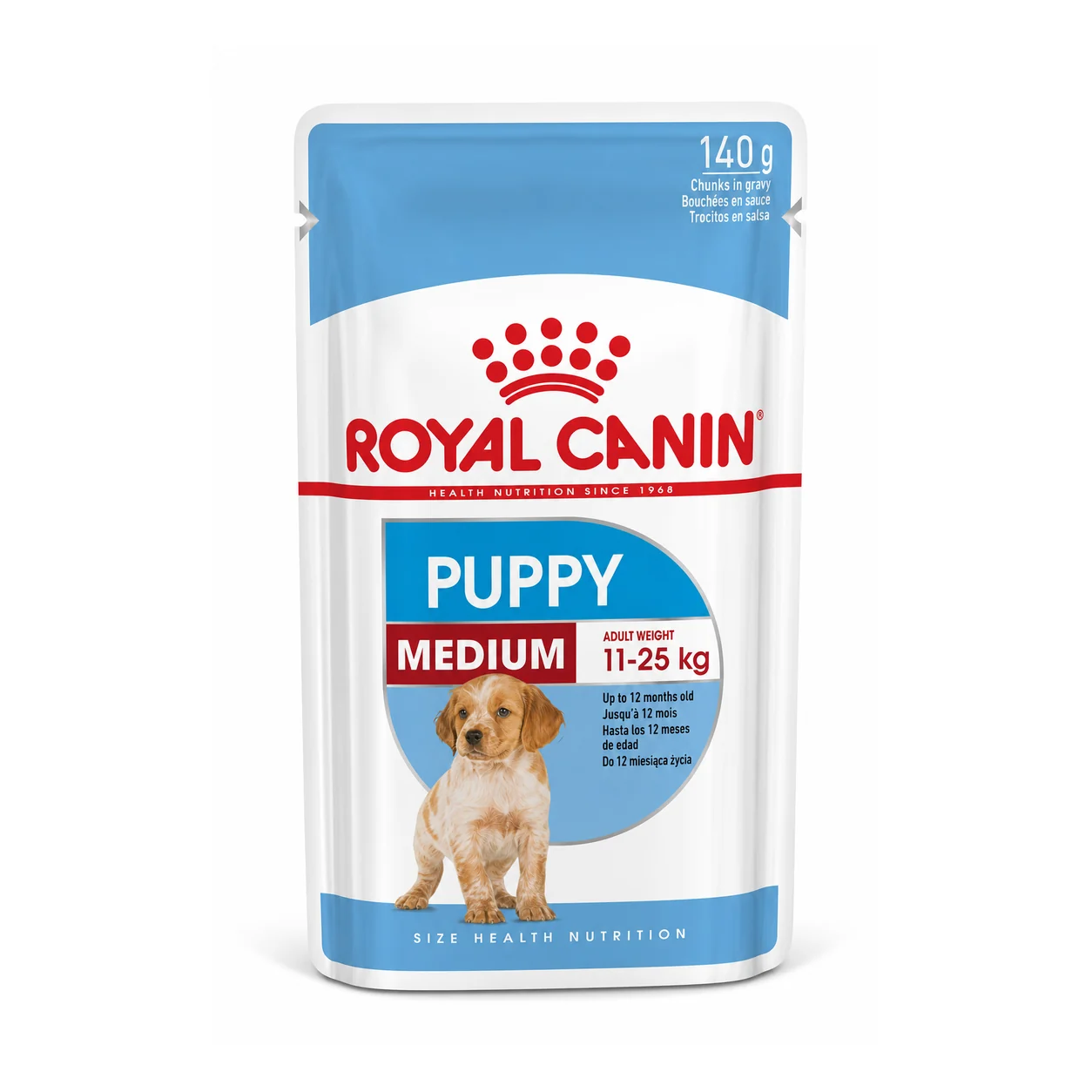 Royal Canin Medium Puppy pouch — Royal Canin en Canijo Sobre (pouch) de Royal Canin Medium Puppy, alimento húmedo para perros de razas medianas en etapa cachorro